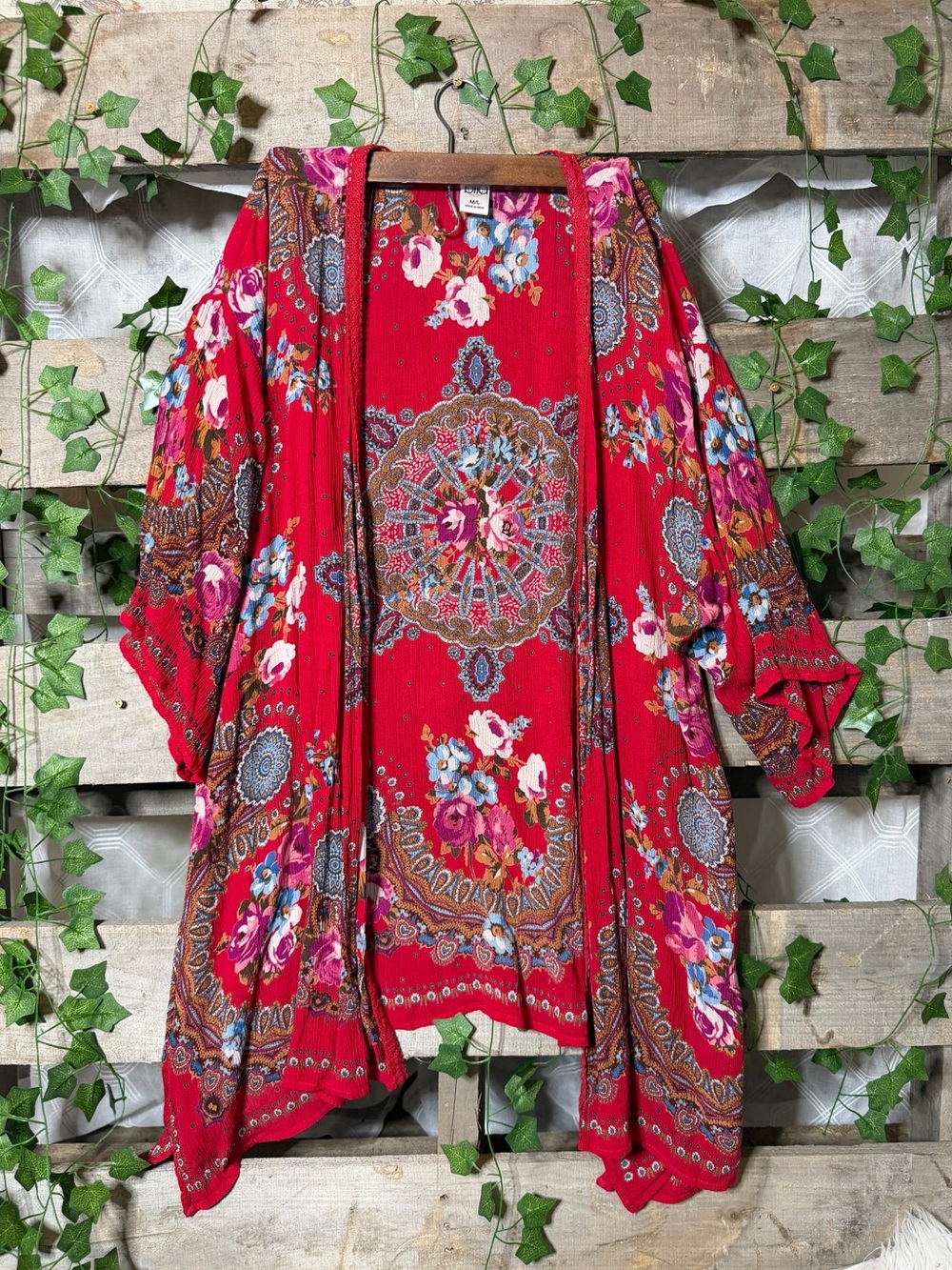 Red Floral Open-Front Kimono Cape